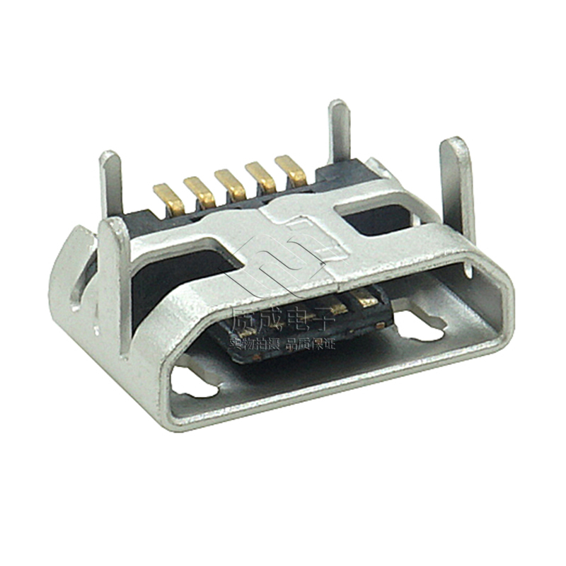 USB母座 5P B型插板5.9腳長1.25有柱加長0.75加焊腳無導位卷帶