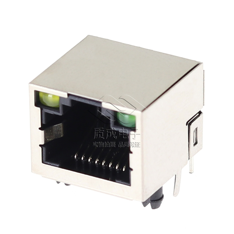 RJ45網口母座插座水連接器帶殼帶燈左黃右綠銅殼帶屏蔽網線耐高溫